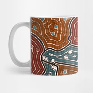 An illustration based on aboriginal style of dot painting depicting landscape by night before settlement. Mug